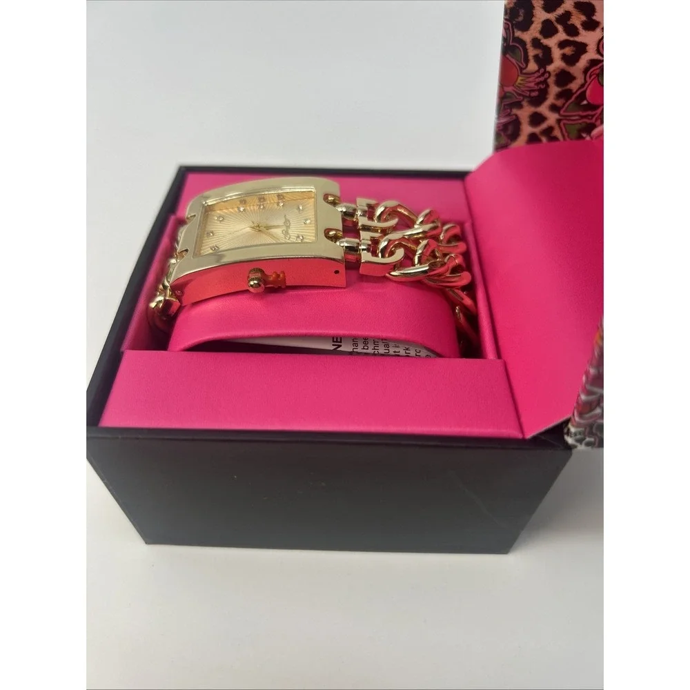 NIB Ed Hardy Women's Gold Chain Link Watch Rectangular Dial Crystal Markers